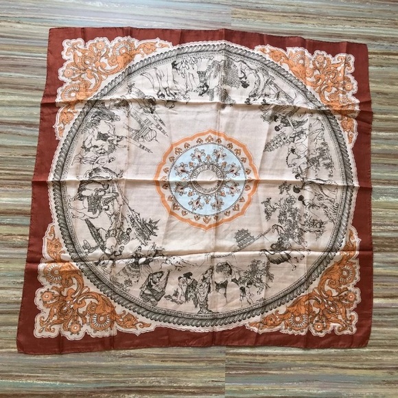 Vintage Silk Accessories - SILK ROAD MAP Orange Red and Cream Scarf 💯 % Silk
